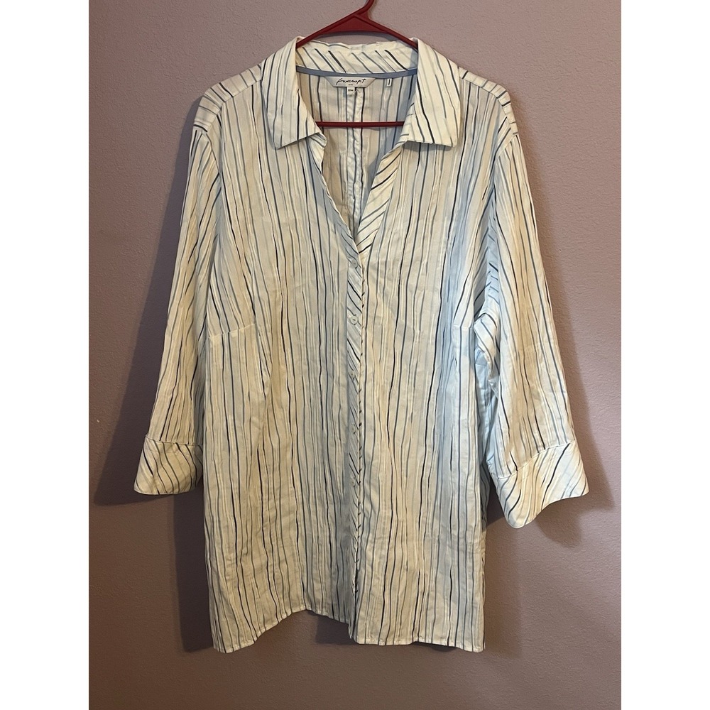 Foxcroft Button Up Down Shirt Dress White Blue Striped Size 20W